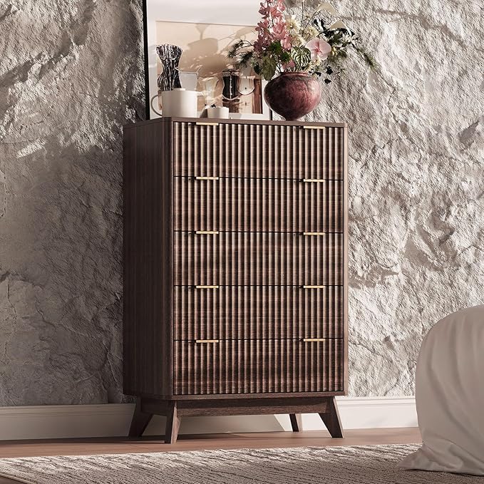 43'' Hight 5 Drawers Dresser for Bedroom,Modern Fluted Vertical Chest with Rounded Corners,Fluted Dresser for Living Room,Hallway, Walnut