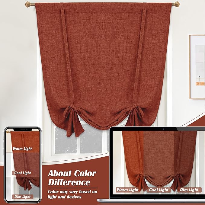 DriftAway Double Layer Linen Blackout Tie Up Curtains Thermal Insulated Fully Lined Balloon Roman Shade Bathroom Window Adjustable Rod Pocket for Small Window 39 Inch by 55 Inch Burnt Orange