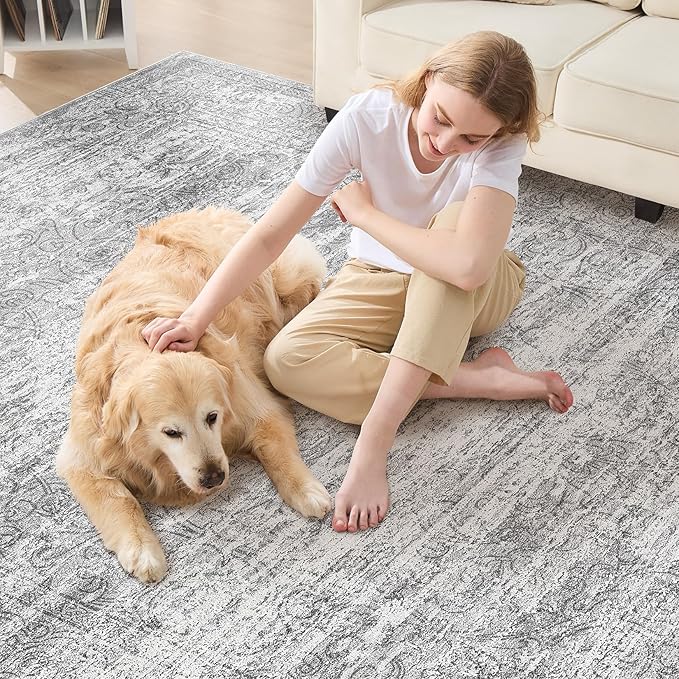 Area Rug Living Room Rugs - 10x14 Abstract Large Soft Indoor Washable Rug Neutral Modern Low Pile Carpet for Bedroom Dining Room Farmhouse Home Office - Vintage Grey