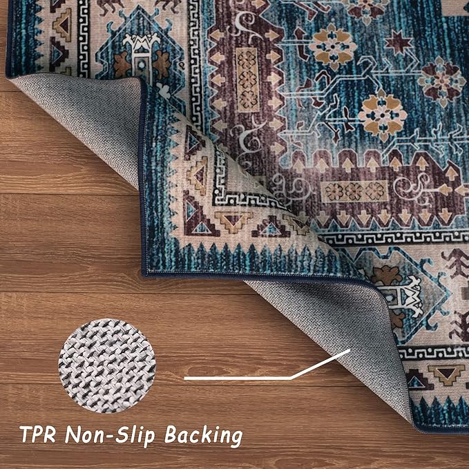 vivorug 8x10 Area Rugs for Living Room, Non-Slip Backing Washable Rug 8x10, Blue Large Area Rug Soft Carpet for Bedroom Dining Room, Vintage, Easy Clean, Durable, Low Pile Rug Under Table