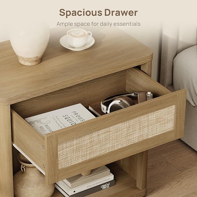 SICOTAS Night Stand Set of 2 26" Wide Large Nightstands with Drawer & Shelf Storage Rattan Bedside Table Boho End Table Tall Bed Side Tables Night Stands for Bedroom Living Room Sofa Office, Amber Oak