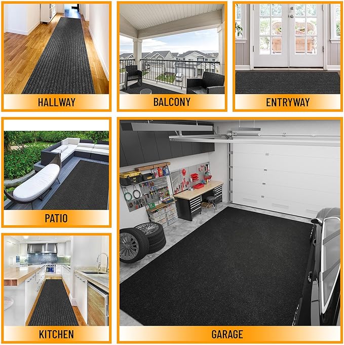 Ottomanson 2'7" x 14' Hallway Runner with Scraper Pile - Extra Durable Non-Slip Rug Mat for Indoor & Outdoor Use - Ideal for Kitchen, Entryway & Garage - High-Traffic Carpet, Black