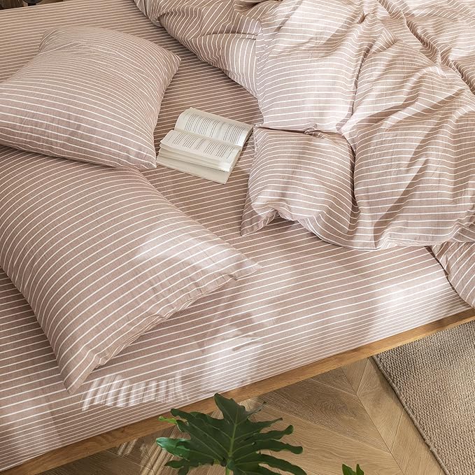 MooMee Striped Duvet Cover Set 100% Washed Cotton Linen Like Textured Breathable Durable Soft Comfy (Orange White Wide Stripes, Super Queen 90"x98")