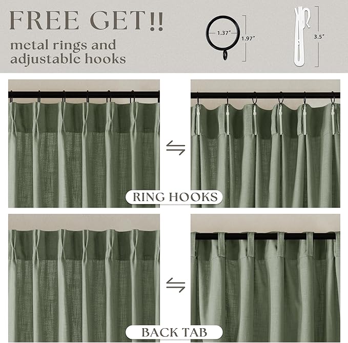 Sage Green Pinch Pleated Linen Cafe Curtains 45 Inch Length 2 Panels for Dining Room Kitchen Bedroom Semi Sheer Pleat Drapes with Hooks Rings Light Filtering Short Window Curtain Cabinet 40x45