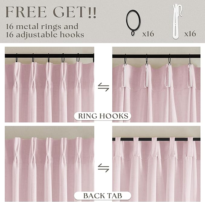 Light Pink Linen Pinch Pleat Curtains 84 Inch Length 2 Panels for Girls Bedroom Nursery Soft Thick Linen Window Drapes Semi Sheer Light Filtering Pleated for Kids Living Room Blush Dusty Pink Decor