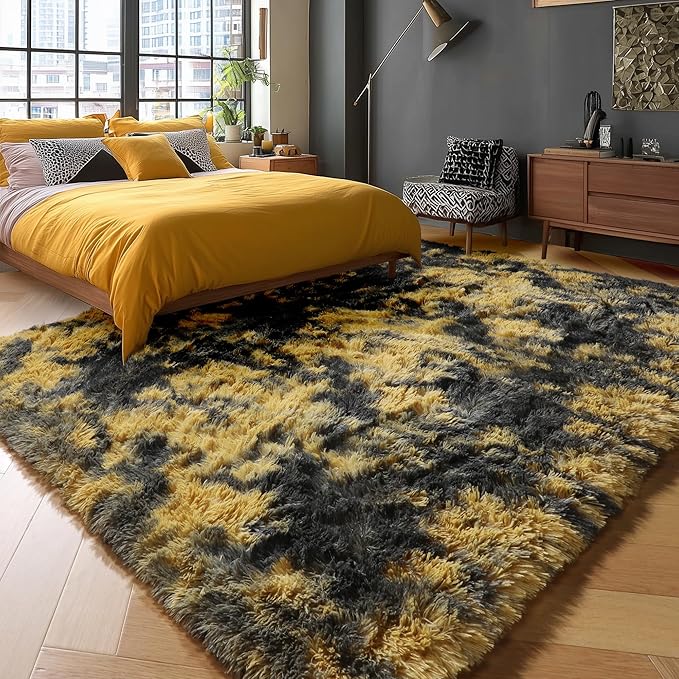PAGISOFE Black and Yellow Fluffy Shag Area Rugs for Bedroom 5x7, Soft Fuzzy Shaggy Washable Rugs for Living Room, Plush Rug for Kids Room Furry Boys Carpet for Teen Dorm Black Room Decor Dark Yellow