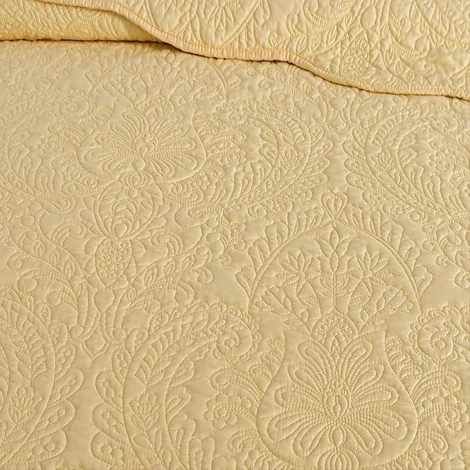 HoneiLife Queen Size Quilt Sets - 3 Piece Queen Quilt Bedding Set Microfiber Quilt Set Lightweight Bedspreads Reversible Coverlets Retro Bed Cover Floral Bedding Set All Season Quilts-Yellow