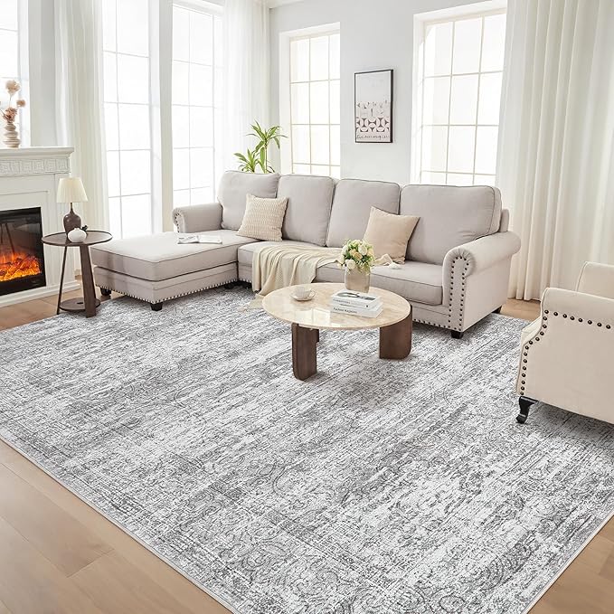 Area Rug Living Room Rugs - 10x14 Abstract Large Soft Indoor Washable Rug Neutral Modern Low Pile Carpet for Bedroom Dining Room Farmhouse Home Office - Vintage Grey