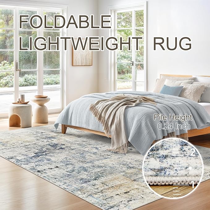 Abstract Rug 8x10 Large Living Room Rugs Neutral Modern Washable Area Rugs for Bedroom Dining Room Non-Slip Stain Resistant Foldable Thin Rug Blue Yellow