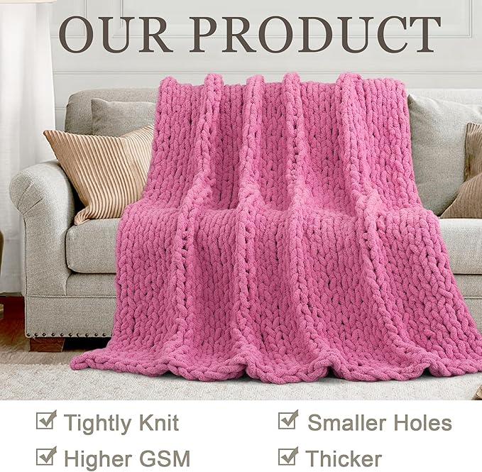 Chunky Knit Throw Blanket 50"X 60", 100% Handmade with Soft Chenille Yarn, 4.4lbs Thick Cable Knitted Blankets, Large Rope Knot Crochet Throws for Couch Sofa Bed Home Decor, Hot Pink