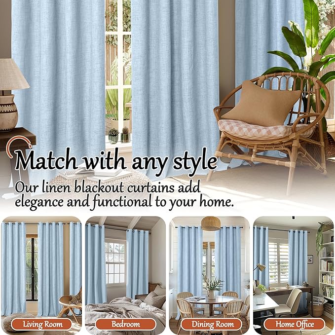 Baby Blue Linen Blackout Curtains for Nursery 80 Inch Length 2 Panels Set, Thermal Insulated Boho Total Black Out Noise Reducing Bonzer Grommets Window Curtains for Kids Bedroom, Each 38 Inch Wide