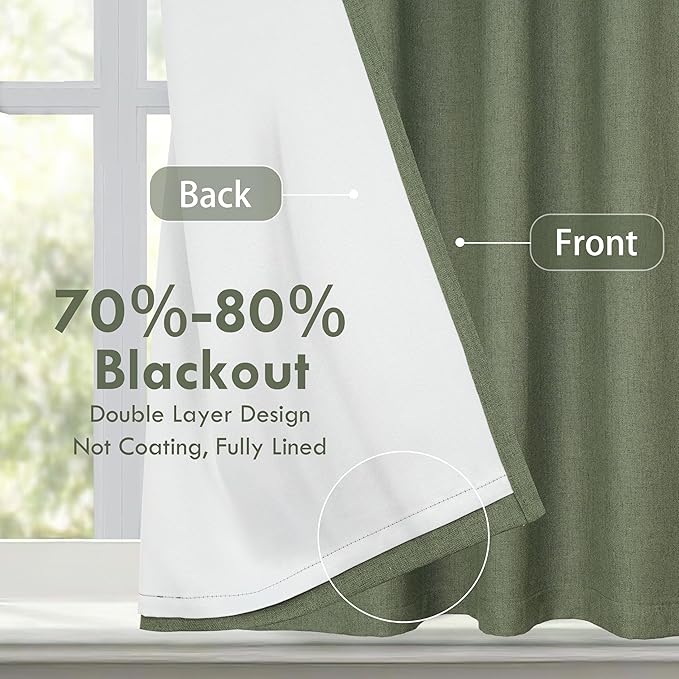 DriftAway Double Layer Linen Blackout Tie Up Curtains Thermal Insulated Fully Lined Balloon Roman Shade Bathroom Window Adjustable Rod Pocket for Small Window 31 Inch by 47 Inch Olive Green