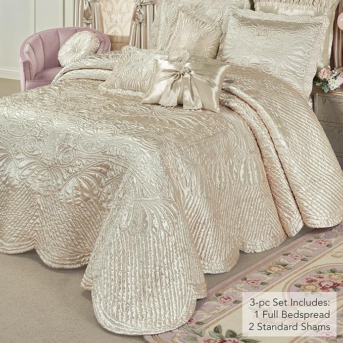 Touch of Class Portia Luxury Bedding | Neutral Pearl | Premier Quilted Polyester Satin | Romantic Hand Guided Machine Quilted Scroll Design 3 Piece Set: Full Oversized Bedspread & 2 Standard Shams