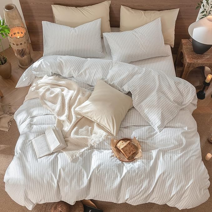 MooMee Striped Duvet Cover Set 100% Washed Cotton Linen Like Textured Breathable Durable Soft Comfy (White Cornflower Blue Wide Stripes, Twin 68"x90")