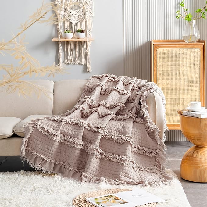 Ultra Soft Pre-Washed Quilted Throw Blanket, Ruffle Fringed Dusty Rose Pink Decorative Throw, Stone Washed Chic Rustic Blanket for Sofa Couch Bed Chair, 50"x 60"