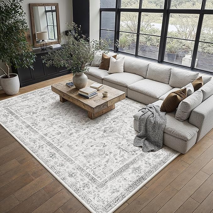 Grey 9x12 Area Rug Vintage Washable Living Room Carpet Non Slip Neutral Bedroom Indoor Office Low Pile Large Traditional Distressed Retro Gray Accent Rug for Dining Room Bathroom Kitchen