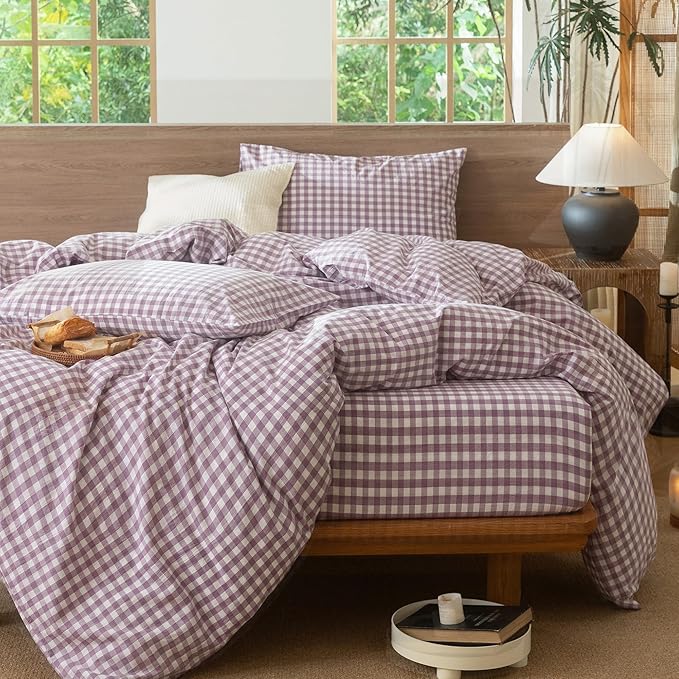 MooMee Gingham Duvet Cover Set 100% Washed Cotton Linen Like Textured Breathable Durable Soft Comfy Modern Checkered Design (Classic Gingham Light Purple, Palatial King/Oversized King 120"x98")