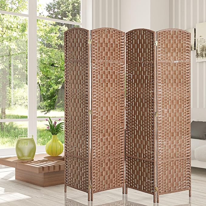 HOMCOM Room Divider, 4 Panel Folding Privacy Screen, 6FT Tall Portable Wicker Weave Partition Wall Divider for Bedroom, Home Office, Natural