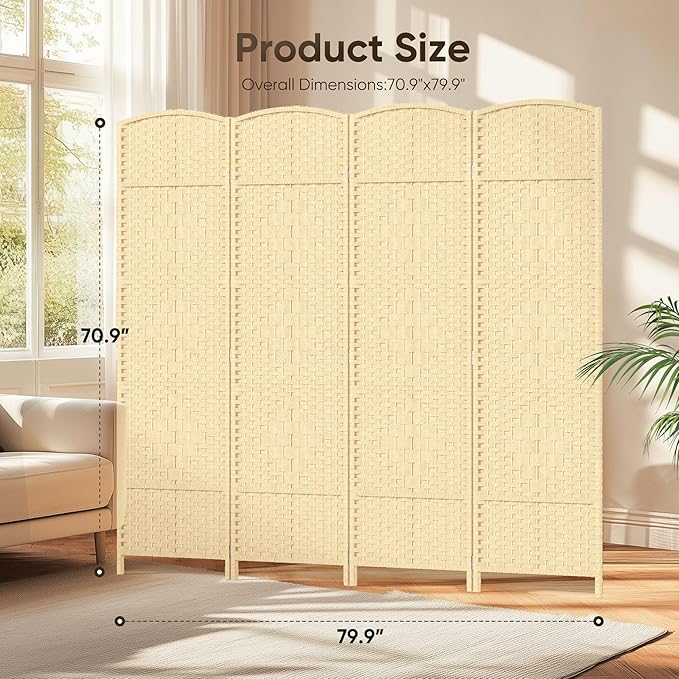 JOSTYLE Room Divider Wall 4 Panel 6FT Room Divider Panel, Privacy Divider Screen for Room Separation, Folding Parition Screen Freestanding for Bedroom Home Office Restaurant, Ivory White