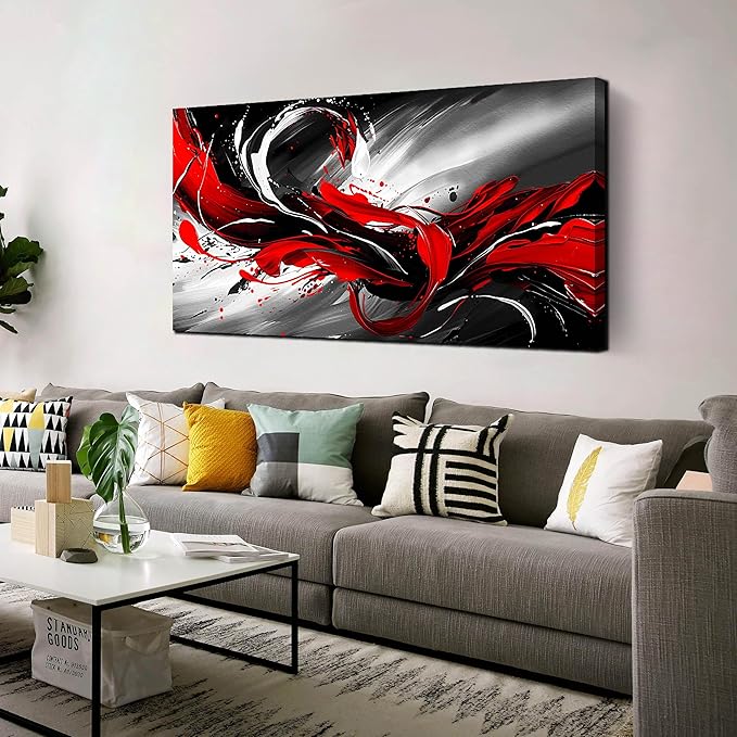 Black White and Red Abstract Print Picture Painting Large Canvas Wall Art for Living Room Bedroom Framed Canvas Wall Decor Modern Room Abstract Wall Decorations Artwork Size 24x48 Ready to Hang