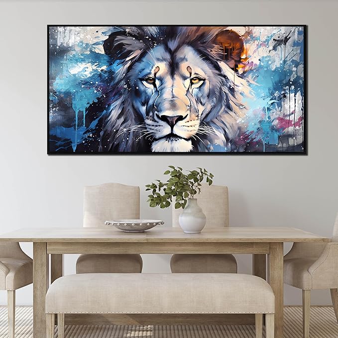 Lion Wall Art for Living Room, Animal Canvas Wall-Decor for Bedroom, Blue Picture Print, Large Size 59x29 Inches Framed