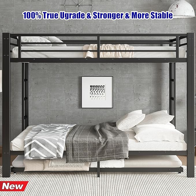 SIGONE Stronger & Safer Heavy Duty Queen Over Queen Size Bunk Bed for Adults Teens, Thickened More Stable Metal Bunkbed Frame (Greater Weight Capacity) (Queen Over Queen Bunk Bed with Trundle)