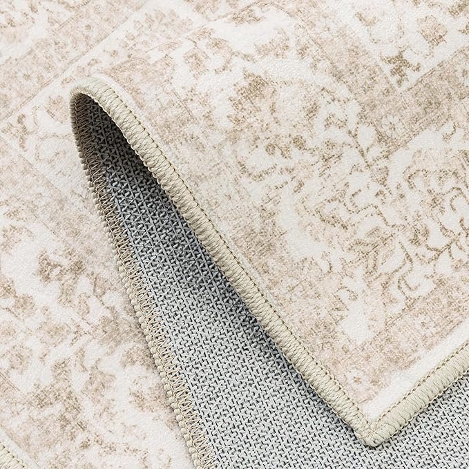 Beige Area Rug 5x8 Machine Washable Vintage Living Room Distressed Non Slip Carpet Traditional Indoor Bedroom Retro Floral Accent Throw Large Rug for Office Kitchen Bathroom Dining Room