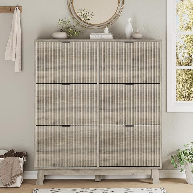Shoe Cabinet with 6 Flip Drawers, 54" Tall Narrow Fluted Shoe Storage Organizer for Entryway, Hidden Slim Wooden Shoe Rack Cabinet for Front Door Entrance, Hallway, Living Room, Light Grey