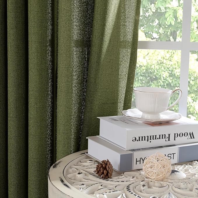 YoungsTex Olive Linen Curtains 63 Inch Length 2 Panels for Living Room Window, Dark Green Semi Sheer Drapes Light Filtering with Bronze Grommet for Bedroom Office, 42 X 63 Inch