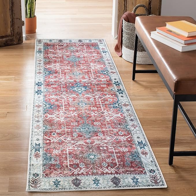 Bloom Rugs Washable Non-Slip 10 ft Runner - Red/Blue Traditional Runner for Entryway, Hallway, Bathroom, and Kitchen - Exact Size: 2.5' x 10'