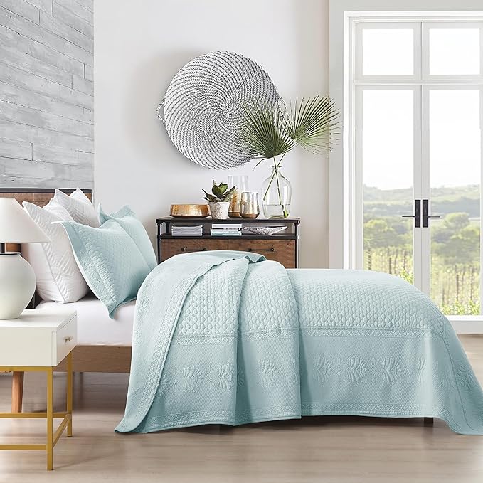 MarCielo 3-Piece 100% Cotton Oversized Bedspread Lightweight Quilt Coverlet Embroidery Farmhouse Bedding Set (TM Mint Green, Oversized King (118"x106"))