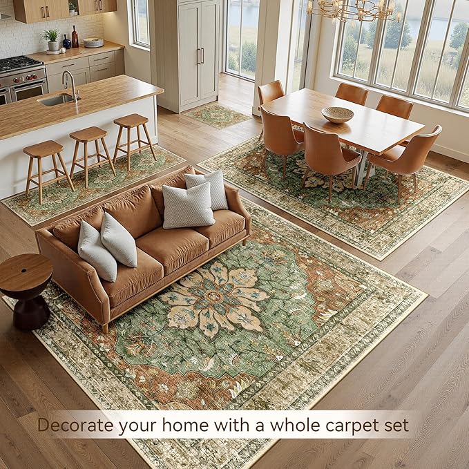 Area Rugs 2'x8' Washable Non-Slip, Floral Vintage Distress Print Pattern Medallion Carpet for Living Room Bedroom Dining Room, Brick Red Rust Neutral Brown Burnt Orange Green