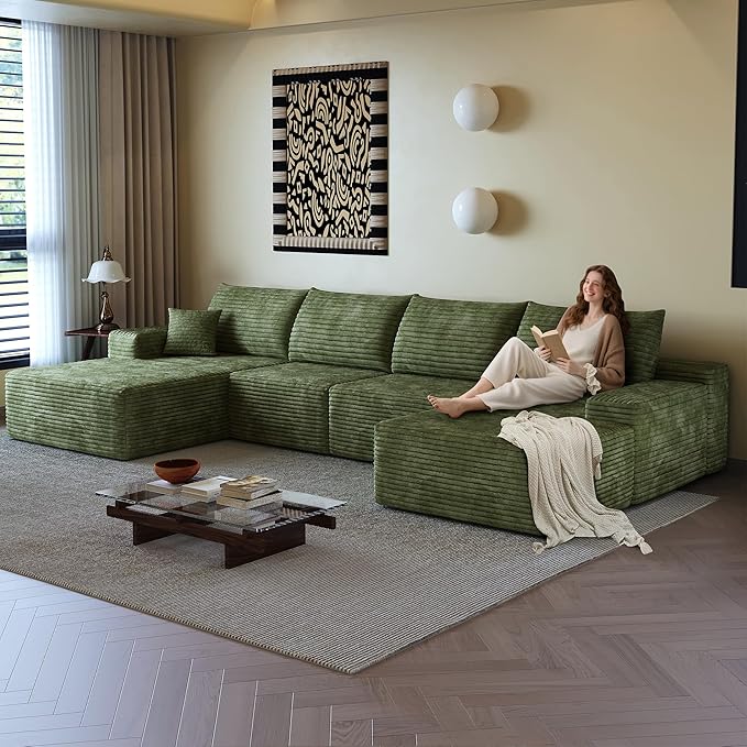 136" Sectional Couches for Living Room Modern Modular Sofa with L-Shape Couchs Upholstered Boneless Couch Deep Seat Sectional Couch with Chaise (Green, Left Facing Chaise+3Seaters+Ottoman)