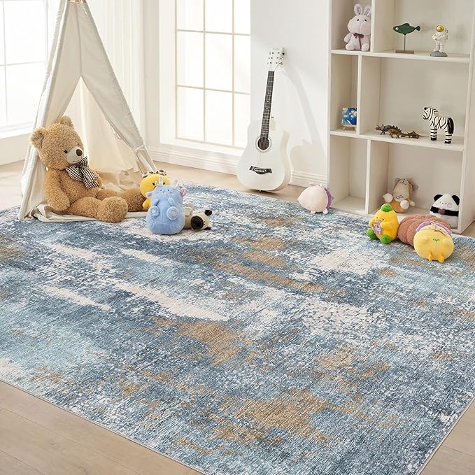 Area Rug Living Room Rugs - 5x7 Washable Soft Indoor Neutral Modern Abstract Low Pile Rug Carpet for Bedroom Dining Room Farmhouse Home Office - Blue Brown