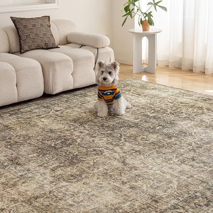 FMFUNCTEX 8x10 Washable Area Rug Brown Vintage Neutral Distressed Large Non Slip Carpet for Living Room Bedroom Soft Low Pile Indoor Mat Retro Floral Throw Rug for Dining Room Kitchen Office Nursery