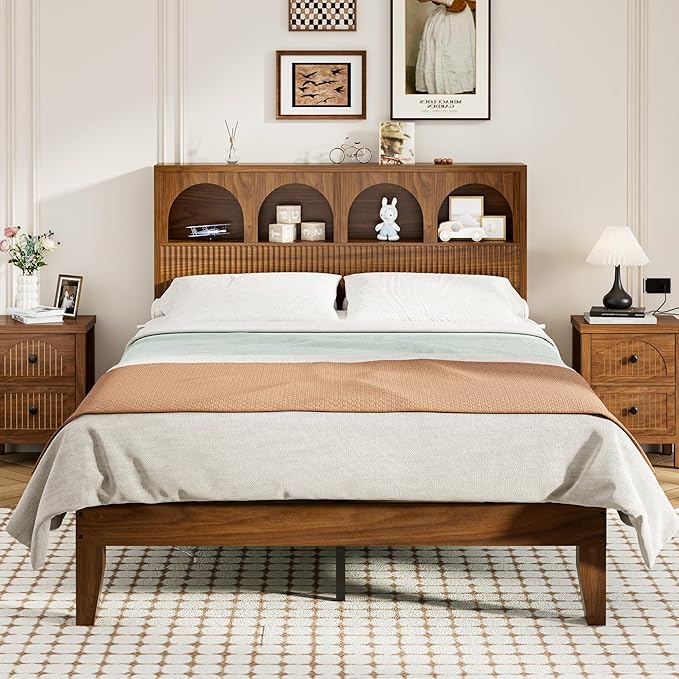 Full Bed Frame with Wave Headboard, Storage Headboard with 4 Arched Storage Compartments, Farmhouse Wooden Full Bed Frame, No Box Spring Needed, No Noise (Full-Walnut)