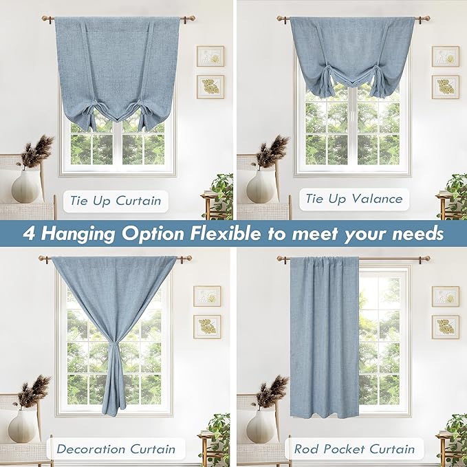 DriftAway Double Layer Linen Blackout Tie Up Curtains Thermal Insulated Fully Lined Balloon Roman Shade Bathroom Window Adjustable Rod Pocket for Small Window 31 Inch by 47 Inch Dusty Blue