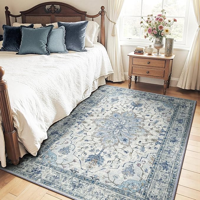 Area Rugs 4'x5' Washable Non-Slip, Floral Vintage Distress Print Pattern Medallion Carpet for Living Room Bedroom Dining Room, Light Blue Navy Beige Gray White