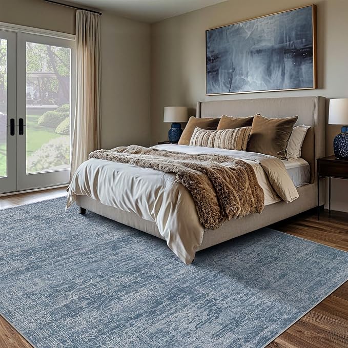 Area Rug Living Room Rugs - 5x7 Large Soft Indoor Neutral Modern Abstract Low Pile Washable Rug Carpet for Bedroom Dining Room Farmhouse Home Office - Dark Blue