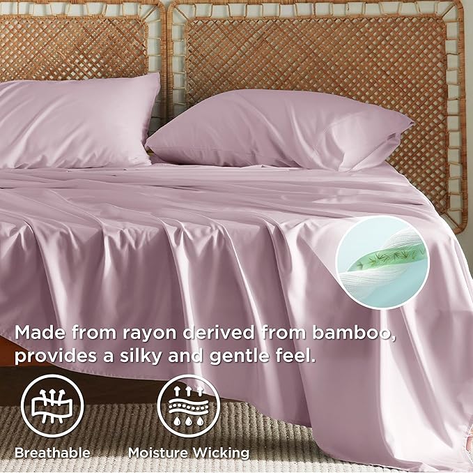 Bedsure Full Size Bed Sheets, Cooling Sheets, Rayon Derived from Bamboo, Breathable & Soft, Deep Pocket Up to 16 Inches, Hotel Luxury Silky Bedding for Hot Sleepers, Lavender