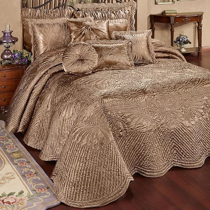 Touch of Class Portia Luxury Bedding | Rich Smoky Topaz | Premier Quilted Polyester Satin | Hand Guided Machine Quilted Scroll Design 3 Piece Set: Full Oversized Bedspread & 2 Standard Shams