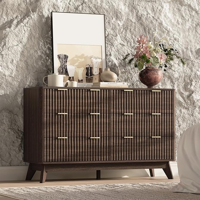 47'' Wide 6 Drawers Dresser for Bedroom,Modern Fluted Vertical Chest with Rounded Corners,Fluted Dresser for Living Room,Hallway, Walnut