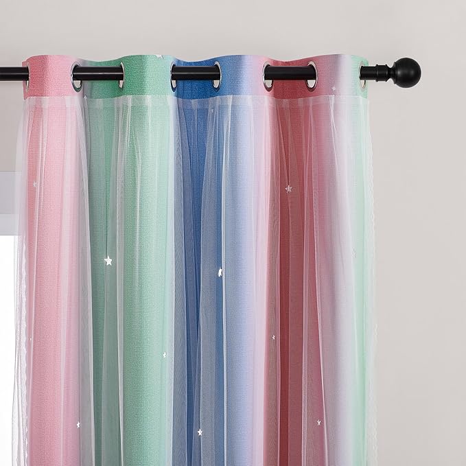 XiDi Curtains for Bedroom Decor, Rainbow Pink GreenBlue34/45/1