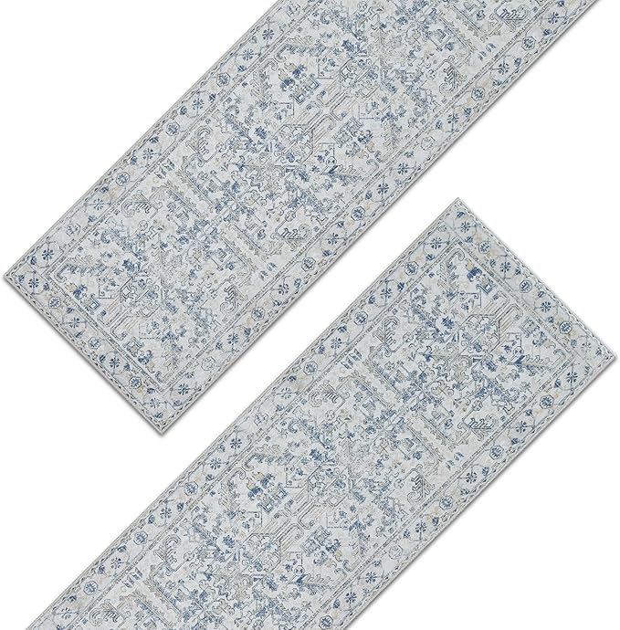 jinchan Lima Kitchen Runner Rug 3x10-2pcs, Bohemian Hallway Washable Rug Floral Non Slip with Rubber Backing Vintage Carpet Runner for Bedroom Bathroom Laundry Room Living Room Decor Blue