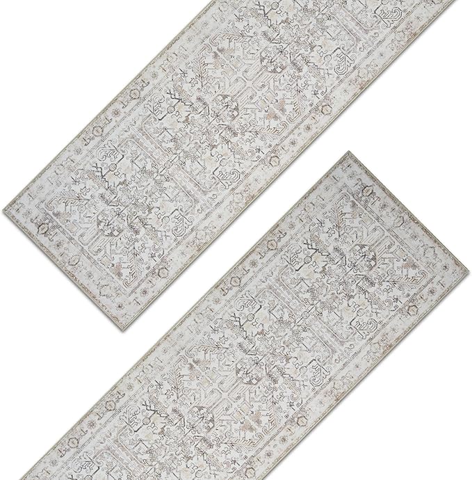 jinchan Lima Kitchen Runner Rug 2x5-2pcs, Vintage Hallway Rug Washable Floral Non Slip with Rubber Backing Soft Carpet Runner for Bedroom Laundry Room Living Room Taupe