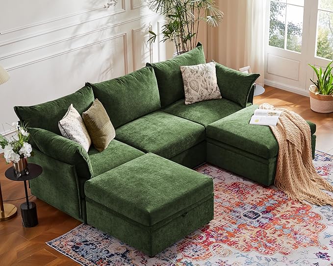 ABCASA 102.6" Modular Sectional Sofa, Oversized 3-Seater Green Couch with Removable Chenille Fabric Cover, Deep Seat & High Backrest for Living Room, Office & Apartment