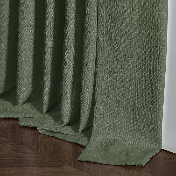Pleated Linen Curtains 90 Inches Long for Living Room Pinch Pleat Hooks for Track System Back Tab Custom Made Memory Shape Drape Light Filtering Olive Green Living Room Bedroom Window Curtain 90 Inch