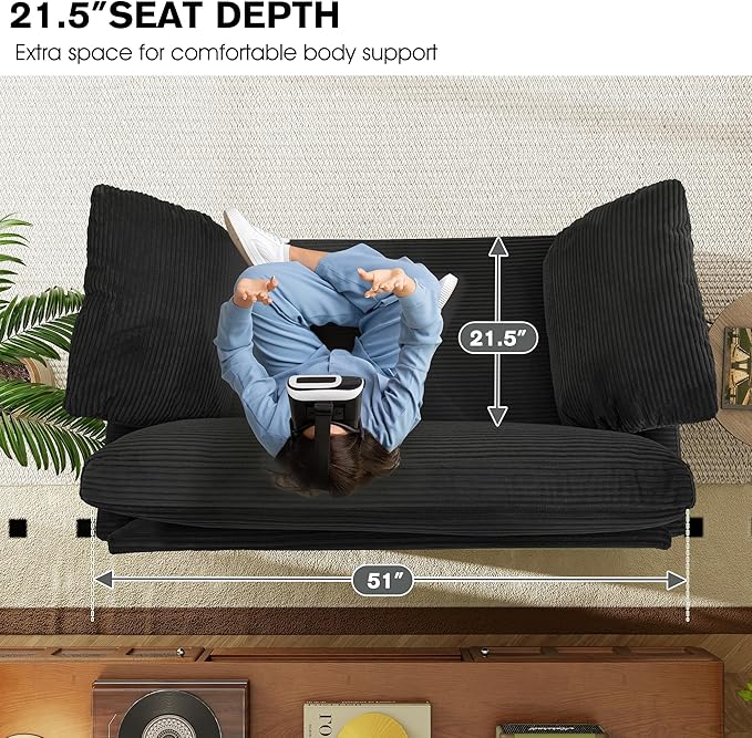 51" Loveseat Sleeper Sofa Bed, Corduroy Convertible Floor Sofa Bed for Small Spaces, Folding Couch Bed with Deep Seat, 2 Pillows & Solid Frame, Pull Out Floor Couch for Living Room, Black