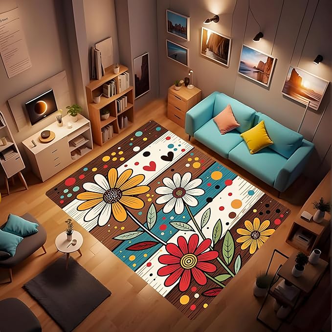 Machine Washable 5' x 8' Bohemian-Style Area Rug, Flowers Floor mat, Suitable for bedrooms, Girls' Room Bedside, Living Room, Dining Room, Office, Non-Slip Low-Pile Retro, Fashionable Carpet