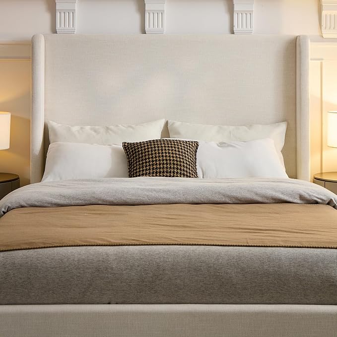 Upholstered Bed Frame Queen Size, 54" High Headboard Platform Beds Caron Tall Wingback Bed Frames, Box Spring Request/No Noise/Simplicity Minimalist, Textured Ivory Canvas Chenille